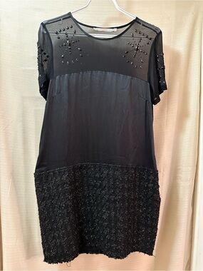 Animale Black Silk Sheer Beaded Dress Tweed Hem Mini Size Small 38